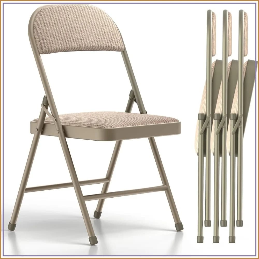 4 Pack Folding Chairs with Padded Cushion, Fabric Dining Chair Set for Indoor Outdoor Use, Oatmeal Strip