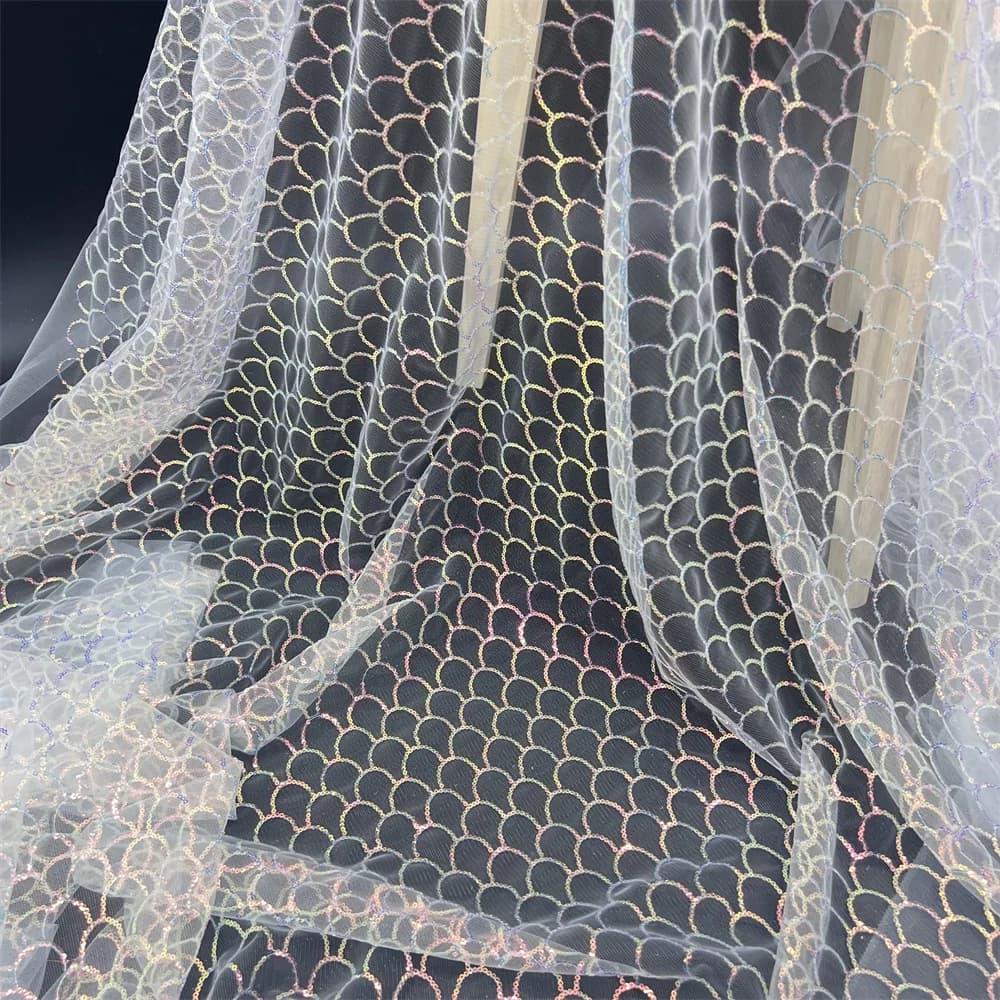 130cm Wide White Red Purple Iridescent Mesh Sequin Embroidered Fabric DIY Fish Scale Material for Dresses Bridal & Evening Gowns