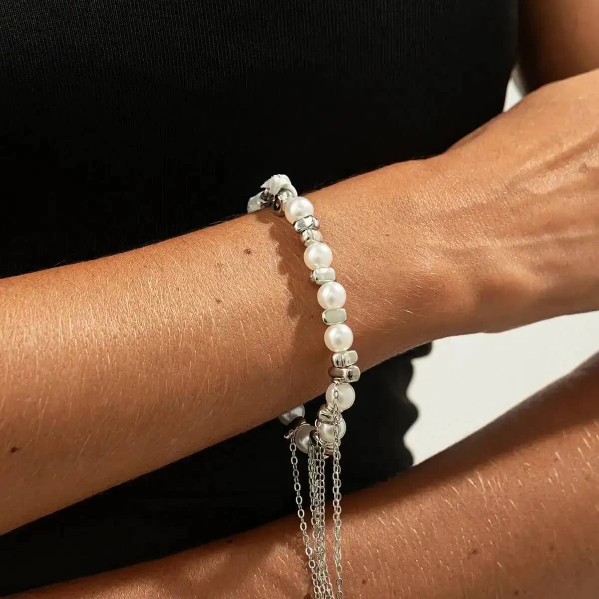 KunJoe Elegant Imitation Pearl Bracelets for Women Bohemian Adjustable Metal Tassel Chain Bracelet Fashion Jewelry Accessories