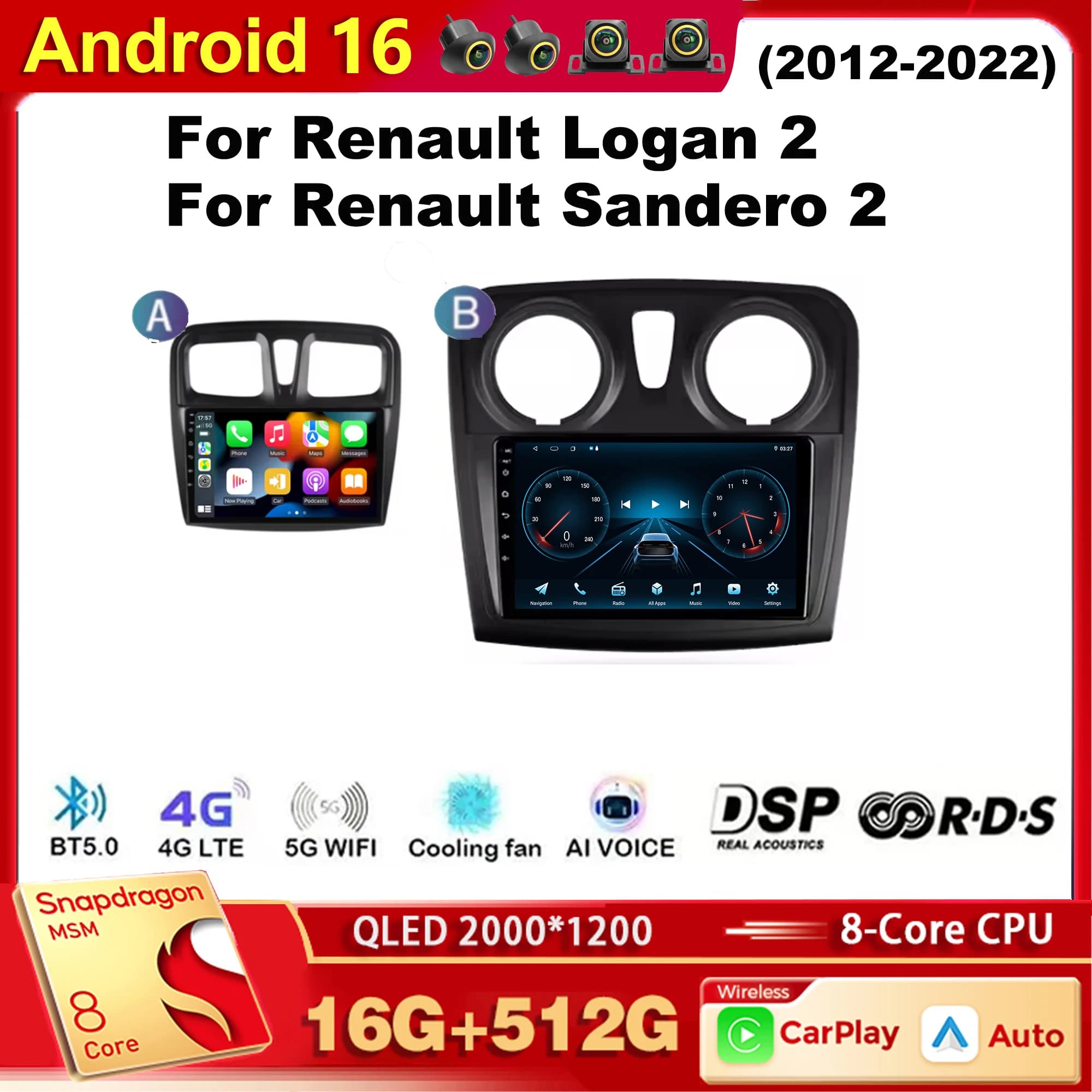 Lettore multimediale autoradio Android 15 per Renault Logan 2, 2012-2022, Sandero 2, 2013-2022 Carplay Car Stereo wifi + 4G Ai voice