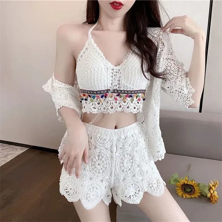 Set Bikini Tre Pezzi in Maglia Stile Vacanza al Mare con Cardigan Aperto e Copricostume con Laccetti al Collo per Protezione Solare