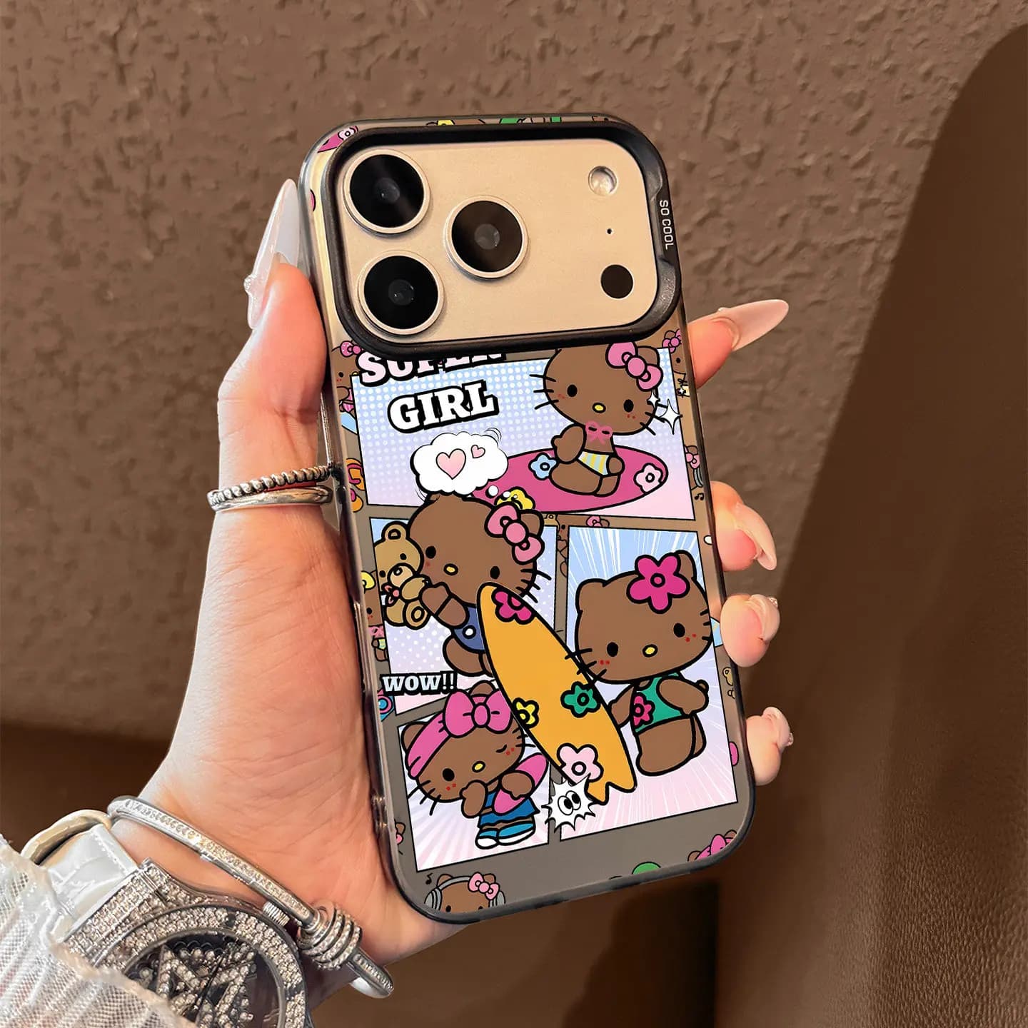 Custodia per iPhone con motivo Hello Kitty Summer Surf per iPhone 16 Air Pro Max, 17, 15, 14, 13, 12, 11 Pro, XS, X, XR, 7, 8 Plus, 16E, 17E
