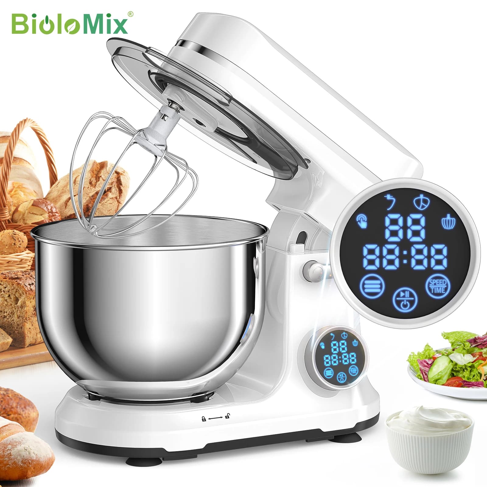 BioloMix Kitchen Robot, 1200 W DC motor at 11 speed, digital OLED screen, electric kitchen robot with hook to knead, whip