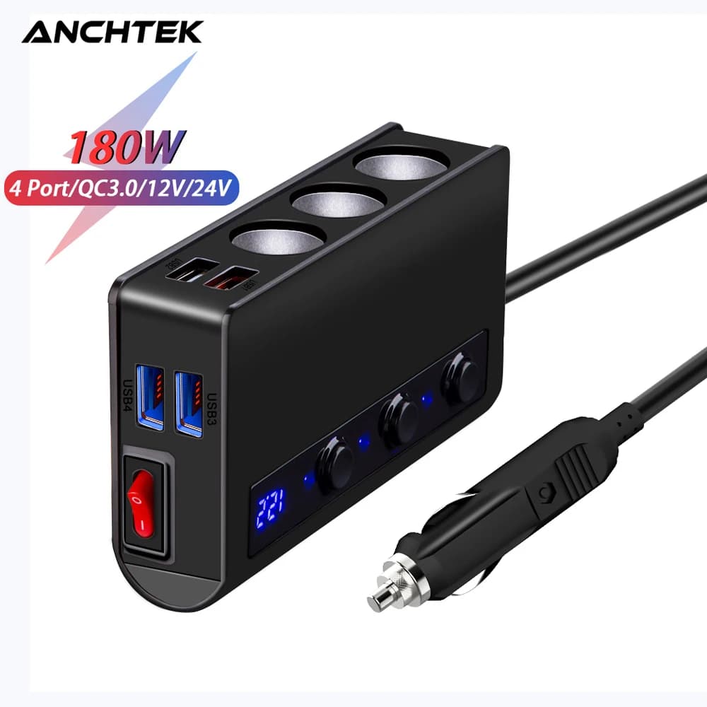 Anchtek 180W Auto Accendisigari Splitter Caricatore Veloce QC3.0 12/24V 4 Porte Auto USB Presa di Ricarica Adattatore con Interruttore