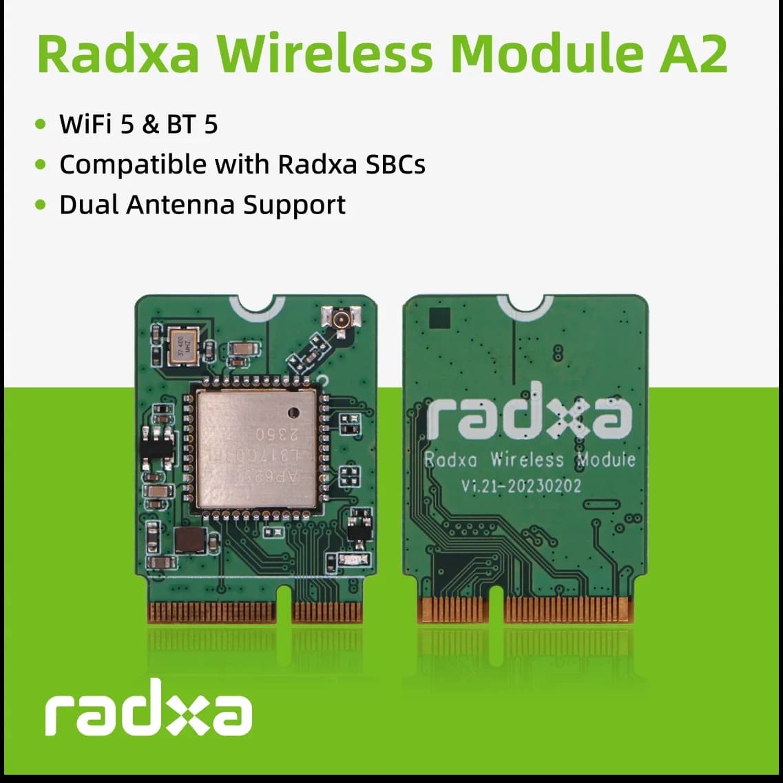 Modulo wireless Radxa A2, WiFi 4 e BT 5, supporto doppia antenna, interfaccia chiave M.2 E