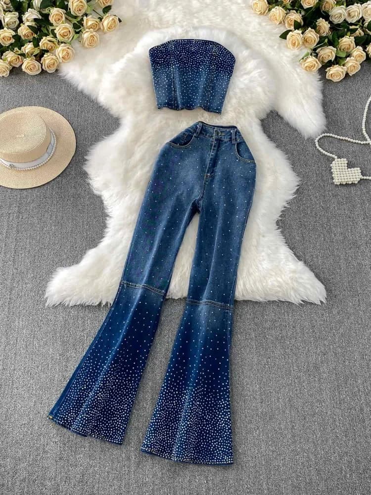 2025 Nuovo stile di design estivo Cielo stellato scintillante diamante caldo opaco Top Set jeans a vita alta slim e micro pulling