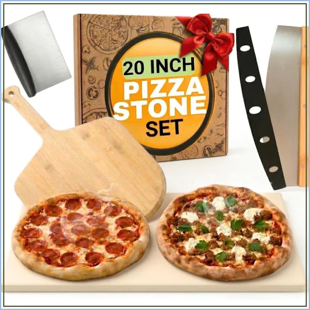 20 Inch Large Pizza Stone for Oven & Grill - Cordierite Baking Stone with Wooden Peel, Cutter & Dough Tool Set - Crispy Homemade Pizza & Bread