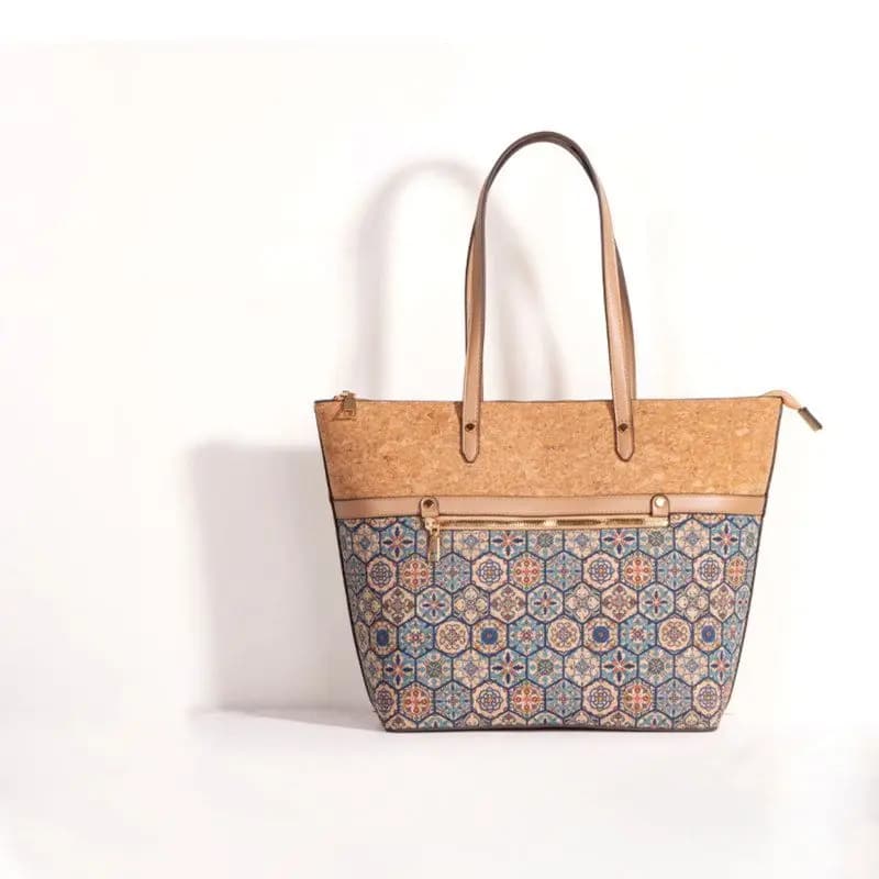 Geometric Patterned Cork Treebark Tote Bag Large Capacity Single Shoulder Handbag Fashionable Trendy Chinese Style Women's Bag
