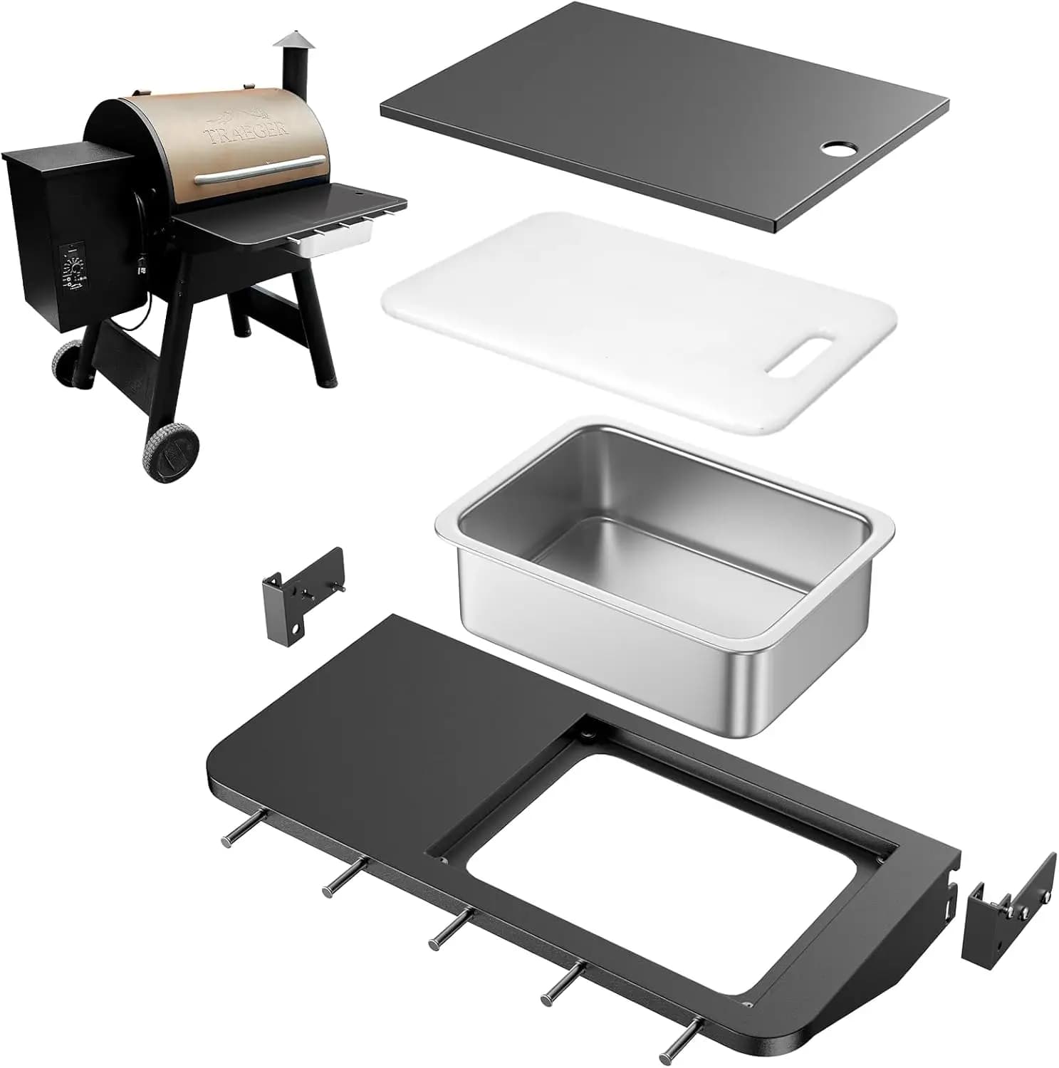Front shelf updated for Traeger Pro 22/575 and Ironwood 650 – All in one with cutting board, sink and 5 hooks