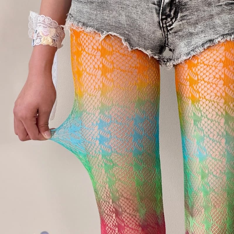 2025 Spring Summer Scheme Dopamine Color Gradient Tights Sexy Lace Mesh Socks Hollow Out Spicy Girl Wearing Y2K Stockings Women