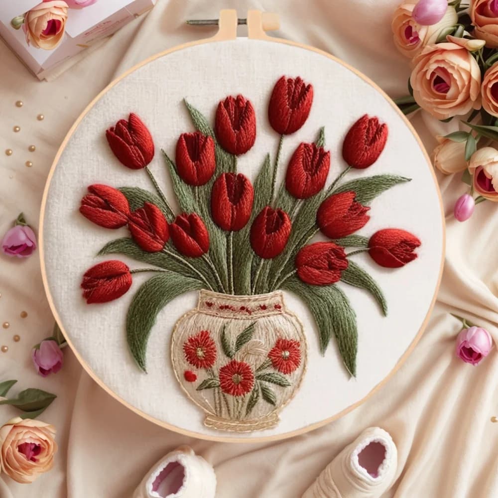 1pc New Arrivals Embroidery Tulip Flower Needlework Cross Stitch With Hoops Vase DIY Pattern for Adults Beginners Holiday Gifts