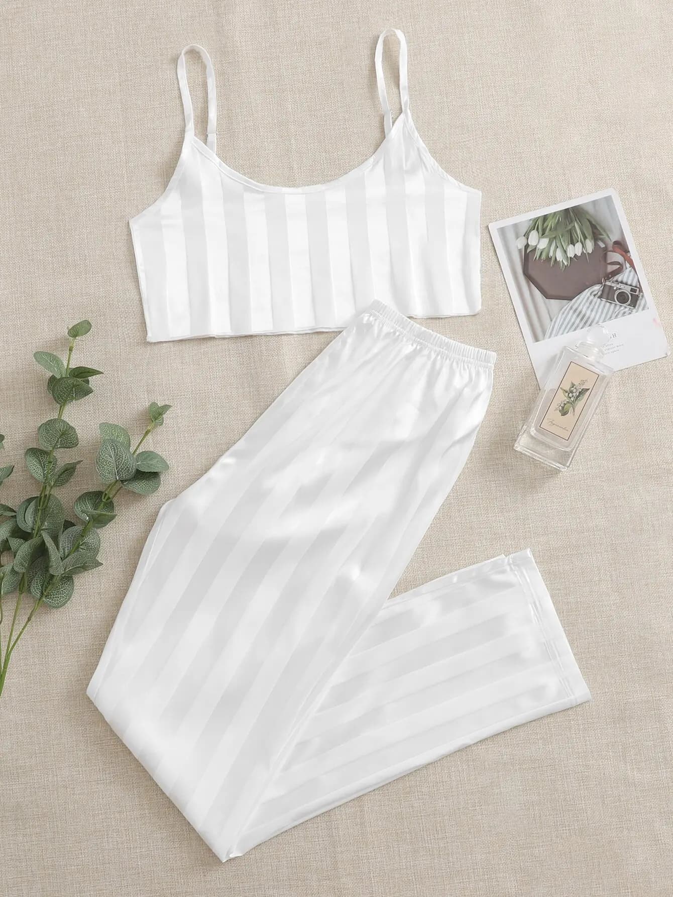 White Striped Satin Cami Top and Pants Pajama Set for Women, Soft Sleepwear Loungewear