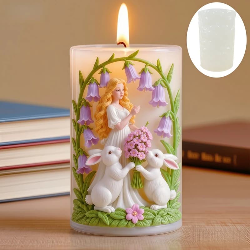 Goddess flower holding rabbit relief cylindrical candle mold Wind chime flower rabbit resin mould Girl flower Bunny gypsum molds