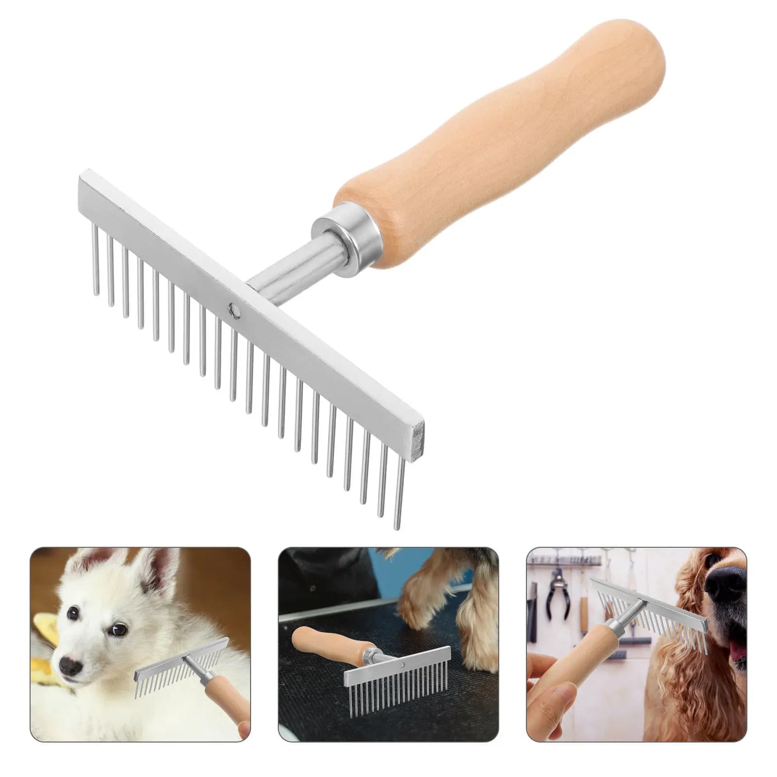 Pettine per toelettatura cani con manico in legno, design ergonomico compatto, comoda spazzola a rastrello per la rimozione del pelo, strumento per la pulizia del pelo degli animali domestici