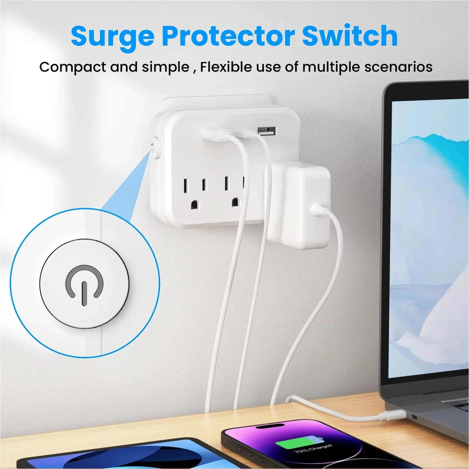 Multipresa Multifunzione 6-in-1 con Protezione da Sovratensione, 3 Prese, 2 Porte USB, 1 Porta Type-C, Bianca, Spina USA