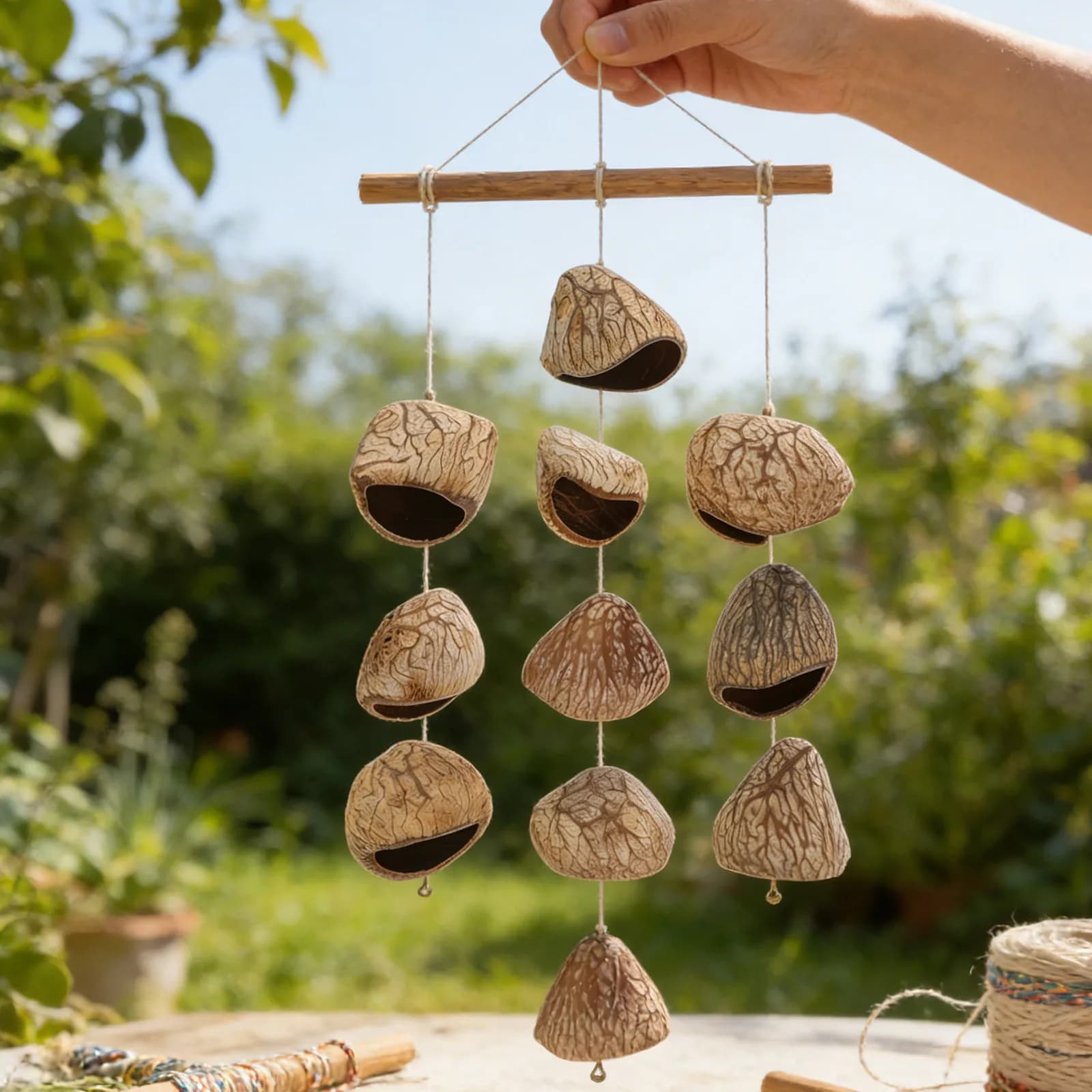 10Pcs African Nutshell Wind Chimes Natural Rustic Wooden Charms DIY Wind Bell Repair Parts Decoration for Garden Patio Crafts