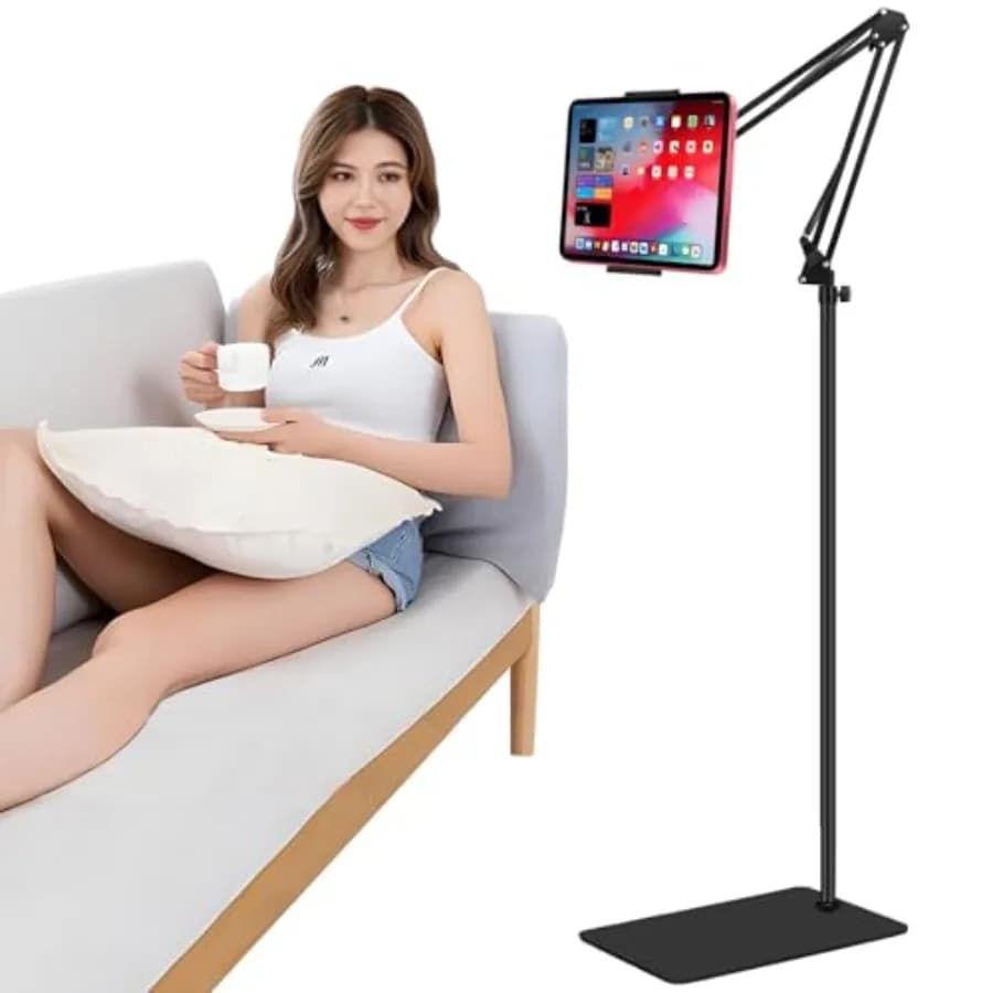 Tablet Floor Support with Double Weight Base, Adjustable Bed Phone Support in Height/Extensible Arm, Compatible with Tablet