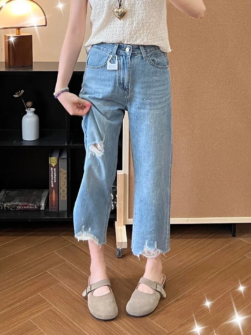 Jeans a Vita Alta in Denim Sottile da Donna, Gamba Dritta Estiva con Patchwork di Diamanti, Pantaloni a Tubo a Nove Punti con Sedici Fori Effetto Fumo