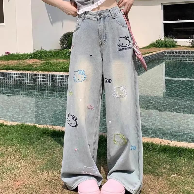 Fashionable Women's Jeans with Cartoon Patterns, New Summer Gamba Dritta Pants for Studentesse, Large Pants and Versatili, Soft and Delicate Leather