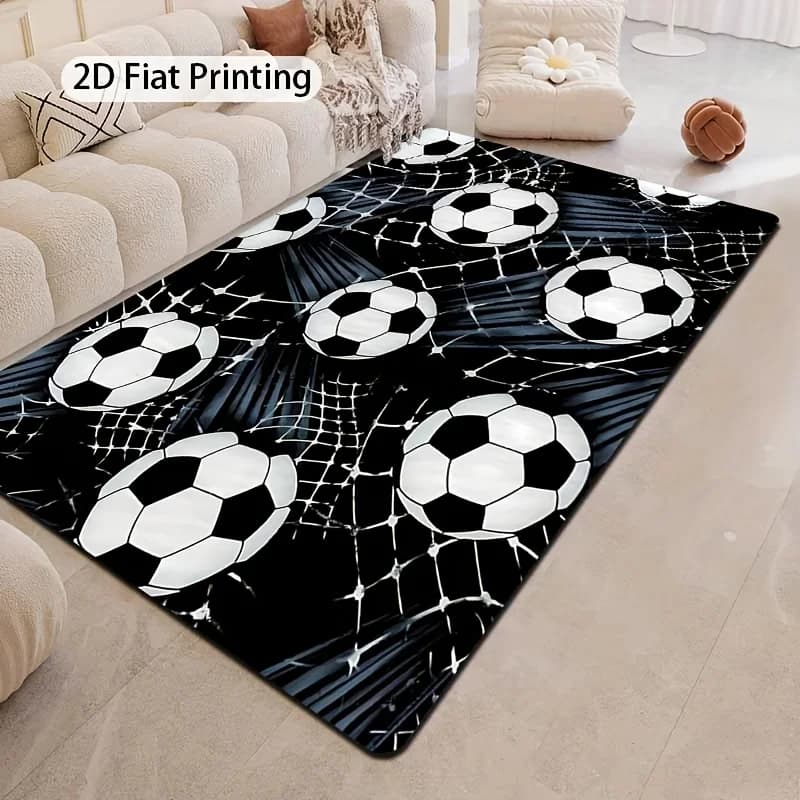 1pc 2D Flat Soccer Ball Goal Net Flannel Area Rug Non Slip Sports Theme Carpet for Living Room Game Room Kids Decor