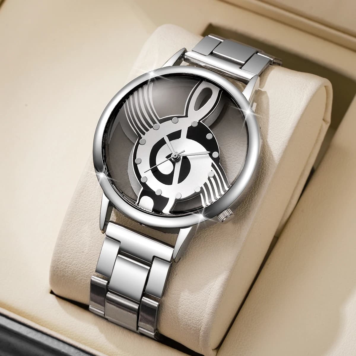 Women's Quartz Watch with Fashionable Musical Note Dial Ladies' Wrist Watch with Silver Reloj Mujer Strap Gift Girl's Watch (No Box)