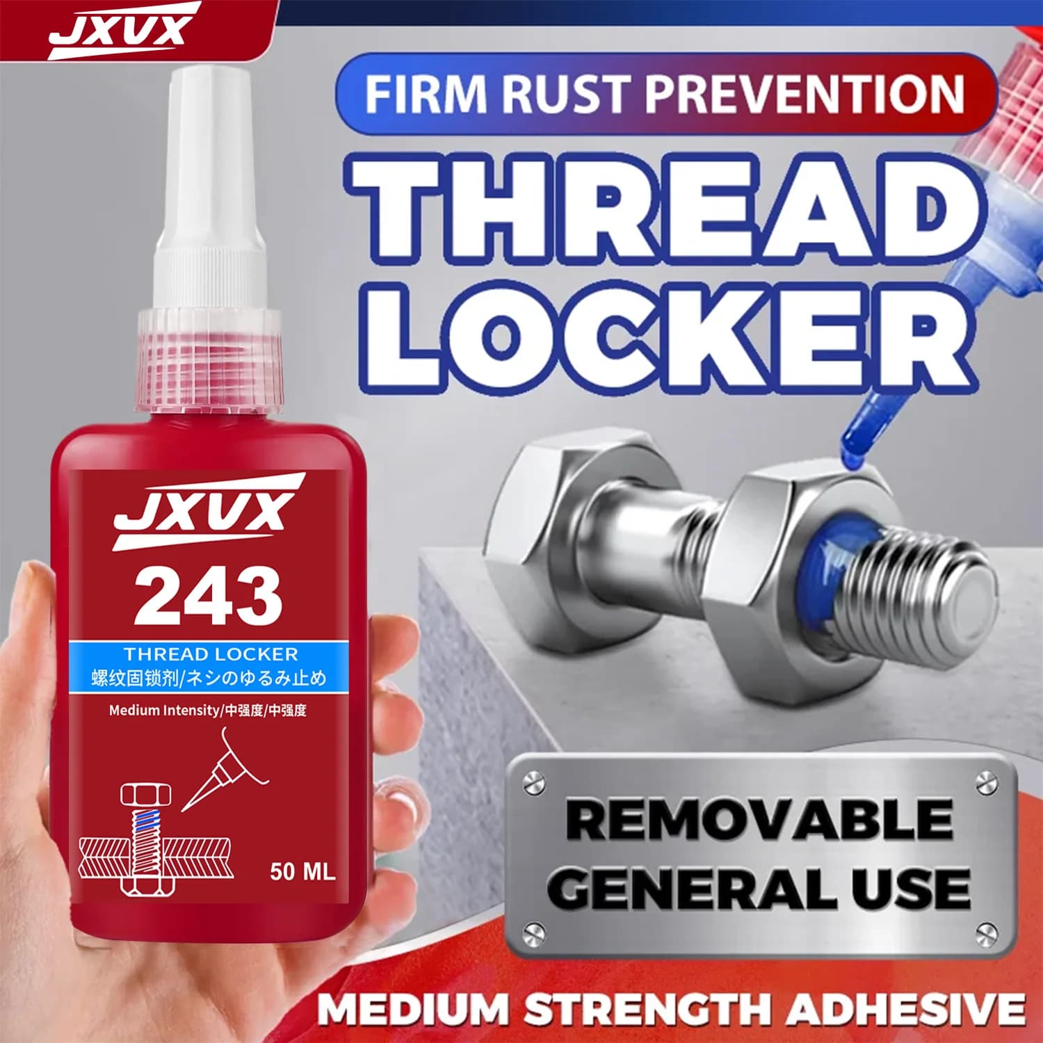 Threadlocker 243 271 Threadlocking compound (equivalent to Loctite) Anaerobic adhesive Medium-high strength, oil-resistant, high-temperature resistant Blue, removable