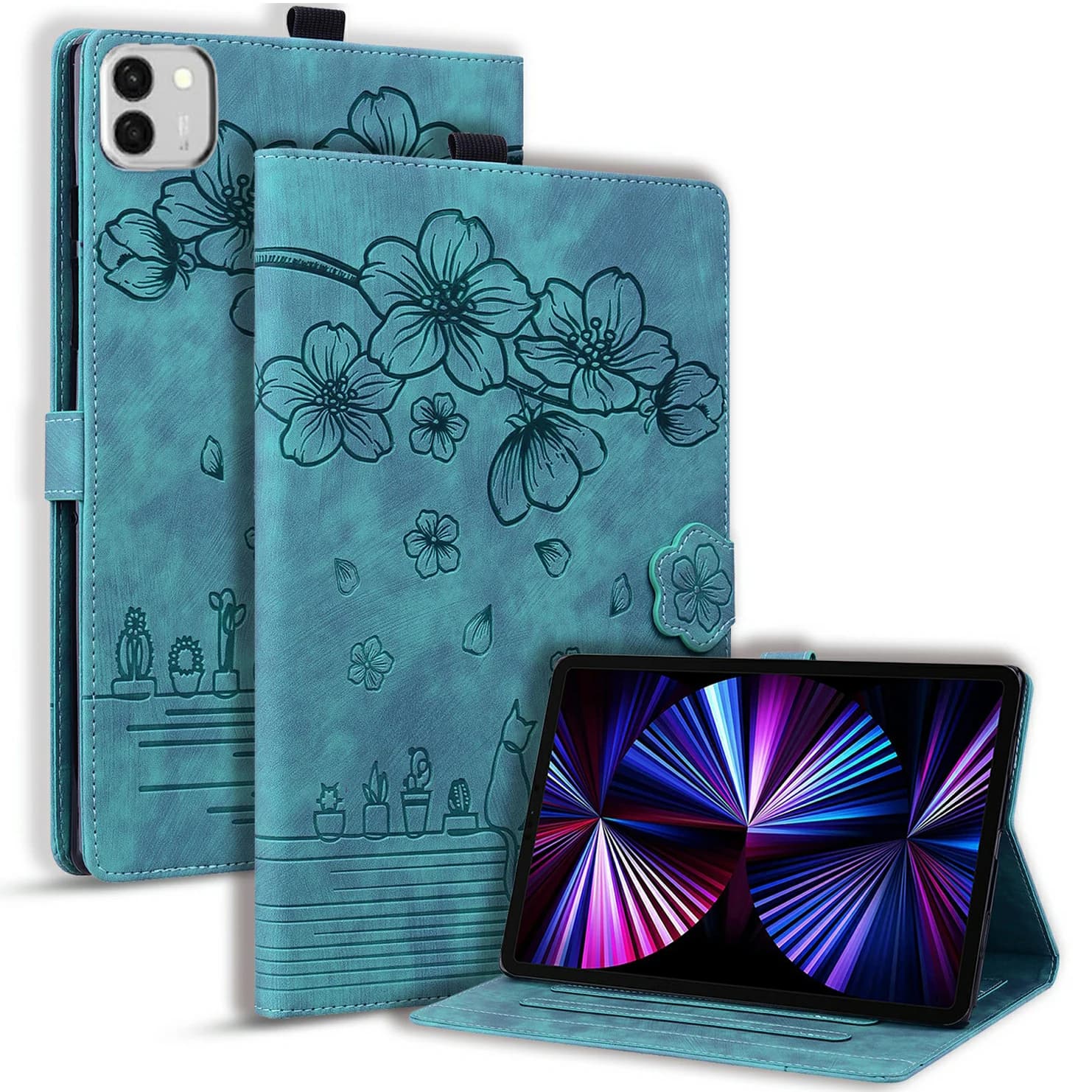 Custodia per Honor MagicPad 4 con slot per schede, in pelle, con supporto per tablet, a forma di gatto floreale - Verde