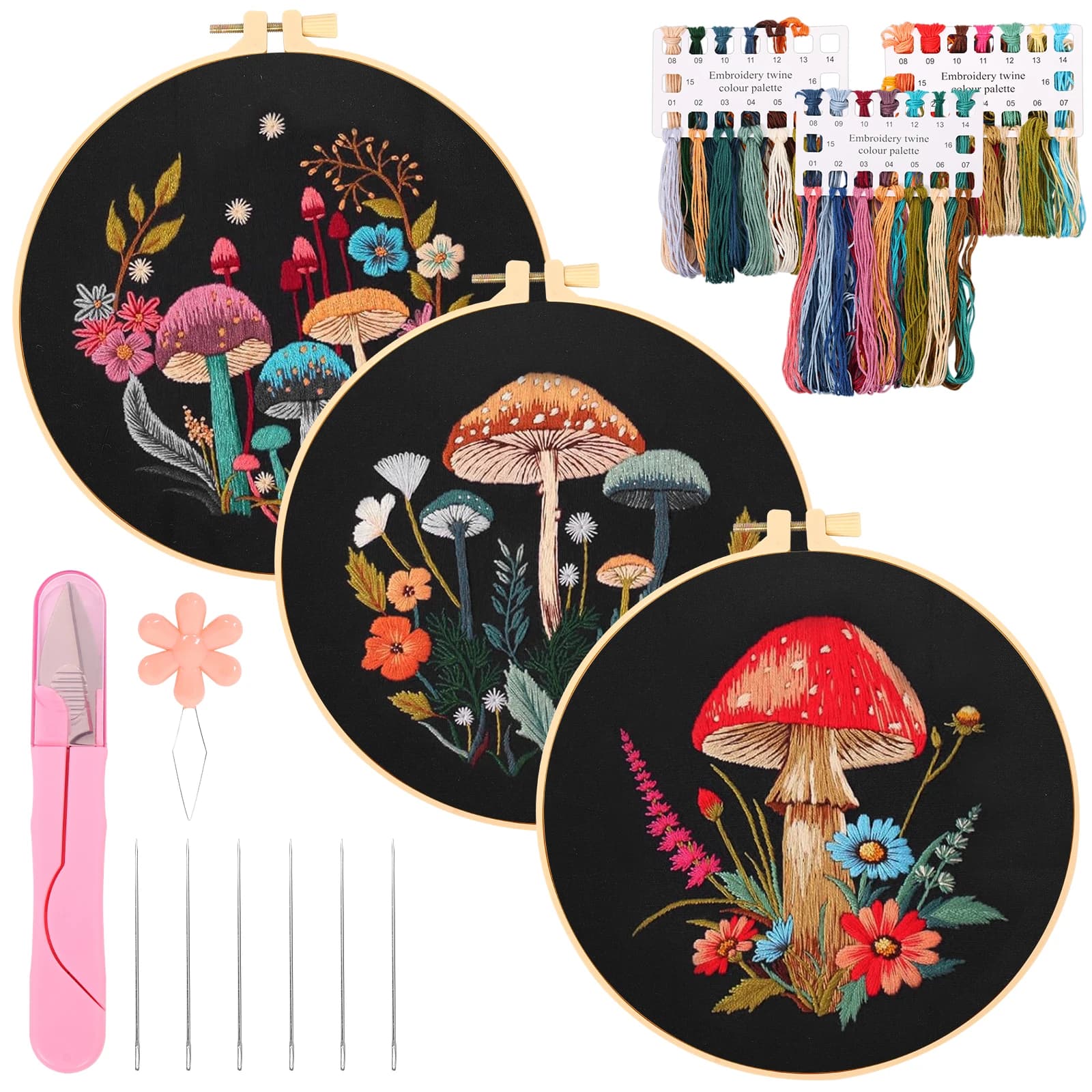 3 Cloth and Hoop Mushroom Flower Black Cloth Pattern Embroidery Kit with Needle for DIY Sewing Craft Mushroom Embroidery Kit
