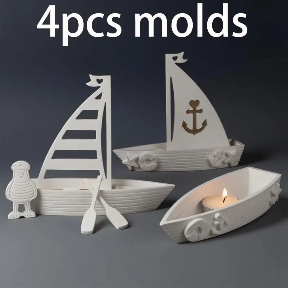 4 pz FAI DA TE Gesso Cemento Hollow Barca Ornamento Stampo Kit Ancoraggio Luce Paddle Barca A Vela Portacandele Resina Epossidica Stampo In Silicone