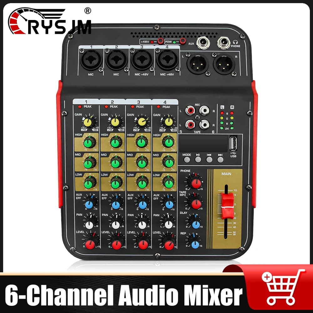 Mixer Audio a 6 Canali, Console DJ con Riverbero, Scheda Audio con Alimentazione Phantom 48V per Canto dal Vivo, Karaoke e PC, Spina EU