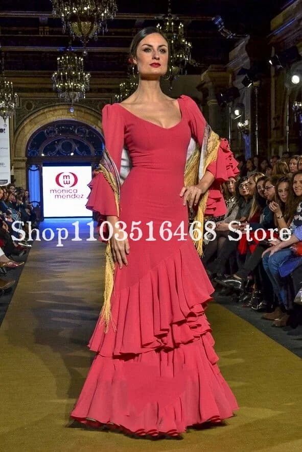Fashionable Simple Mexican Traditional Dance Dress Siren Flamenco Dance Dress with Rose V Neck Half Sleeved Dance Dress with Custom Volant