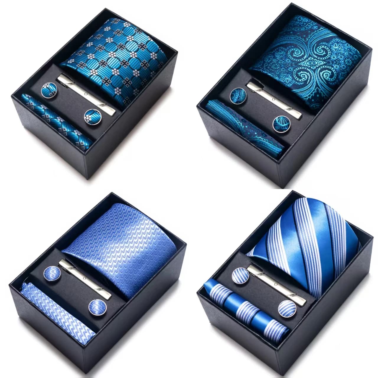 Set da 4 Pezzi con Cravatta Paisley dai Colori Vivaci, Pochette, Gemelli e Fermacravatta, Confezione Regalo Premium