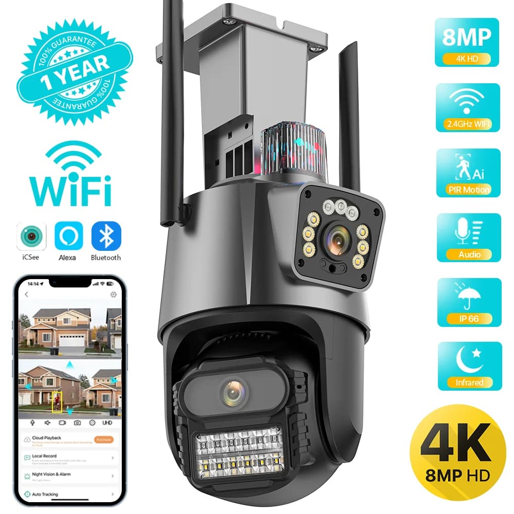 External 4K 8MP HD Dual-Lens PTZ Wifi Camera Dual-screen TV AI Automatic Tracking Video surveillance 4MP Police alarm iCSeee