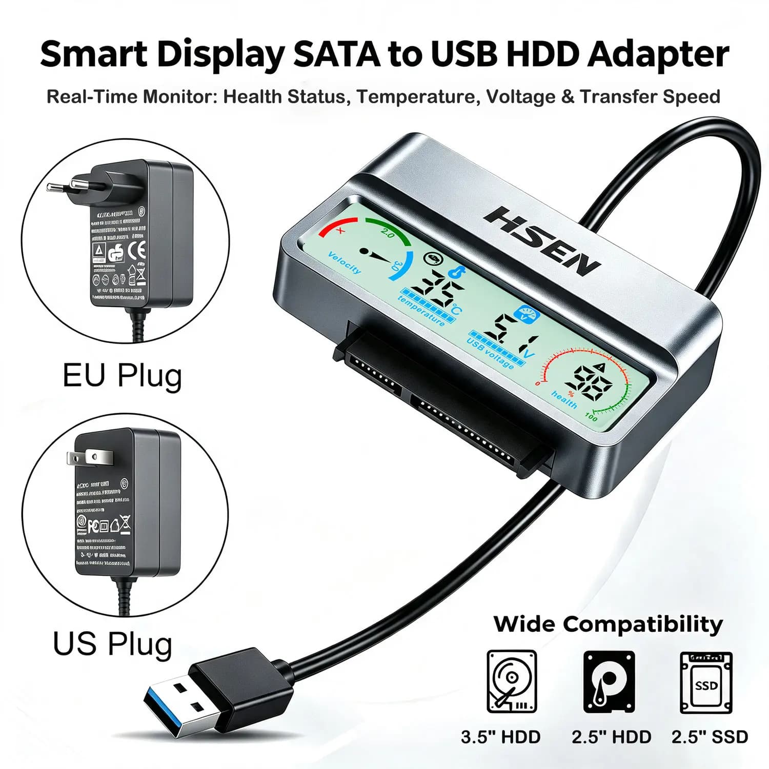 SATA to USB 3.0 Adapter Cable 5Gbps,External SATA Converter for 2.5"&3.5" SSD/HDD,Real-Time Monitoring Hard Drive Health Status