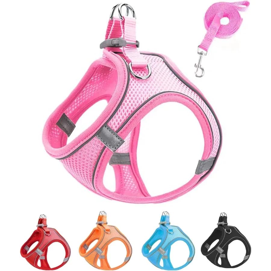 Set di pettorina e guinzaglio per cani in morbida rete rosa XXXS. Pettorine per cuccioli senza fuga per addestramento, camminare, gilet riflettente regolabile per cuccioli