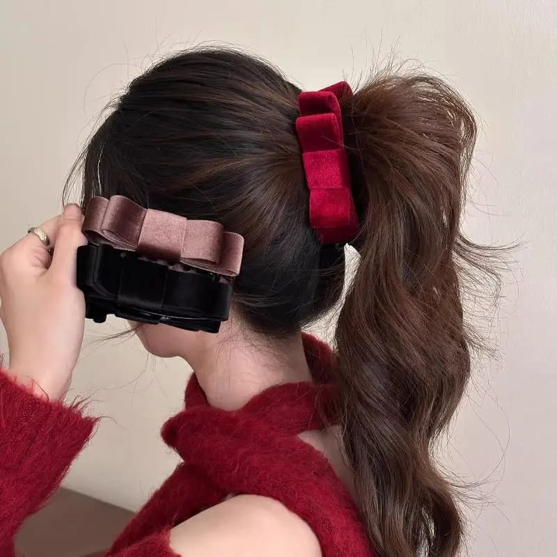Fermaglio a banana coreano in velluto a doppia faccia con fiocco, elegante accessorio per capelli da donna per l'autunno e l'inverno, fermaglio verticale per coda di cavallo