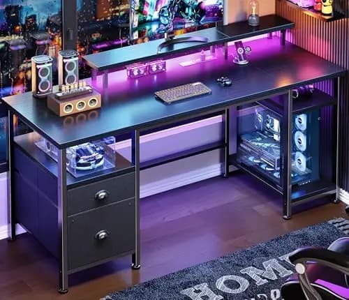 51" Gaming Desk with Power Outlets & LED Lights, Reversible Computer Desk with File Cabinet & Monitor Stand for Home