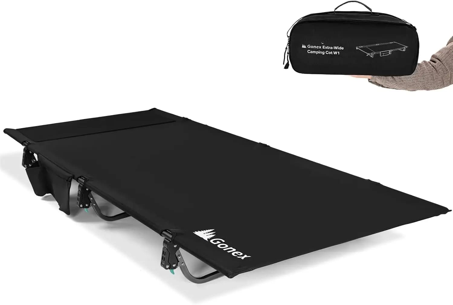 Lettino Pieghevole Portatile Extra Largo 80 cm con Tasca Porta Cuscino, Supporta 159 kg per Adulti, Viaggi, Spiaggia, Casa - Nero