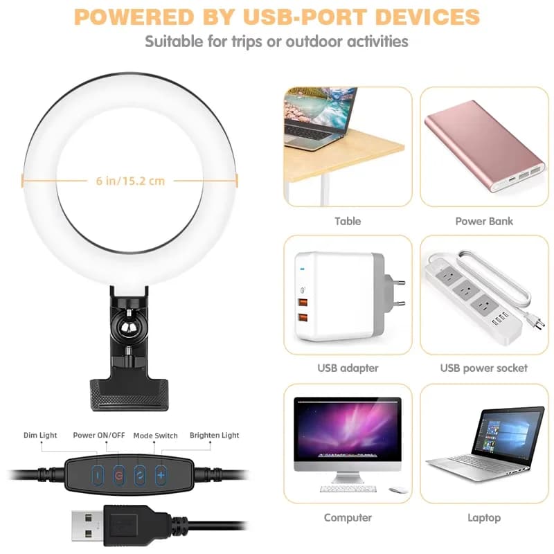 Ring lighting kit with clip, selfie light for phone, 3-stroke webcam, photo accessories, automatic projection, 6-inch filling light