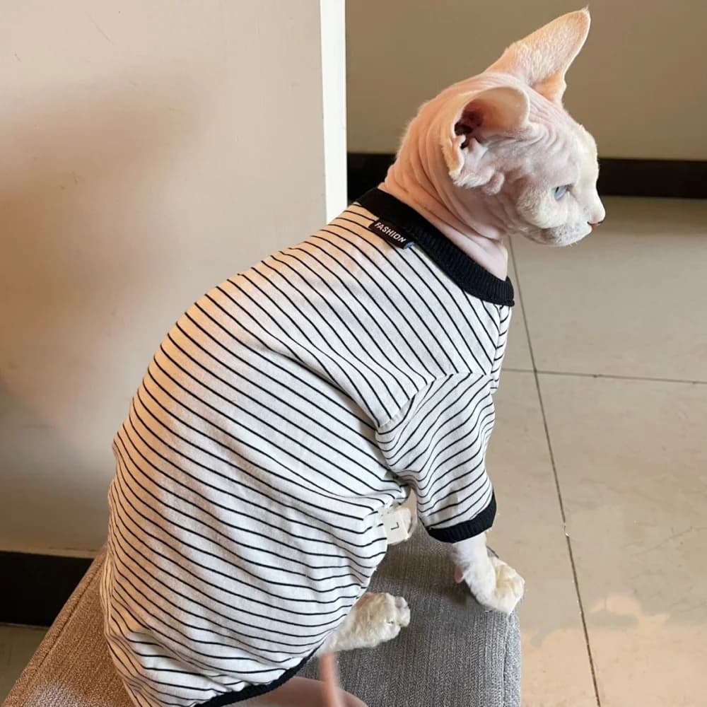 T-shirt a righe primaverili per gatto senza peli Cappotto in cotone a maniche lunghe bianco-nero per pigiama autunnale morbido gatto Sphinx per gattini