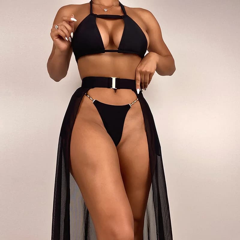 JyoJyo costume da bagno nero a 3 pezzi con abito da spiaggia a rete lunga Micro Bikini Sexy 2022 abito da spiaggia a vita alta 3 pezzi costumi da bagno nuovo