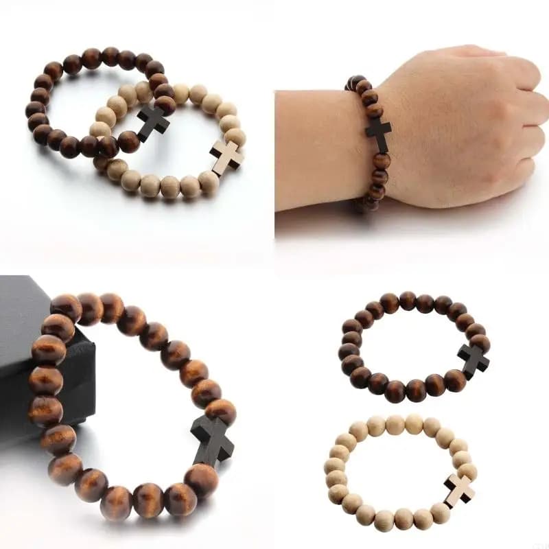 Adjustable Wooden Crosses Bracelet Natural Beaded Design Comfort Fit For Daily Use
