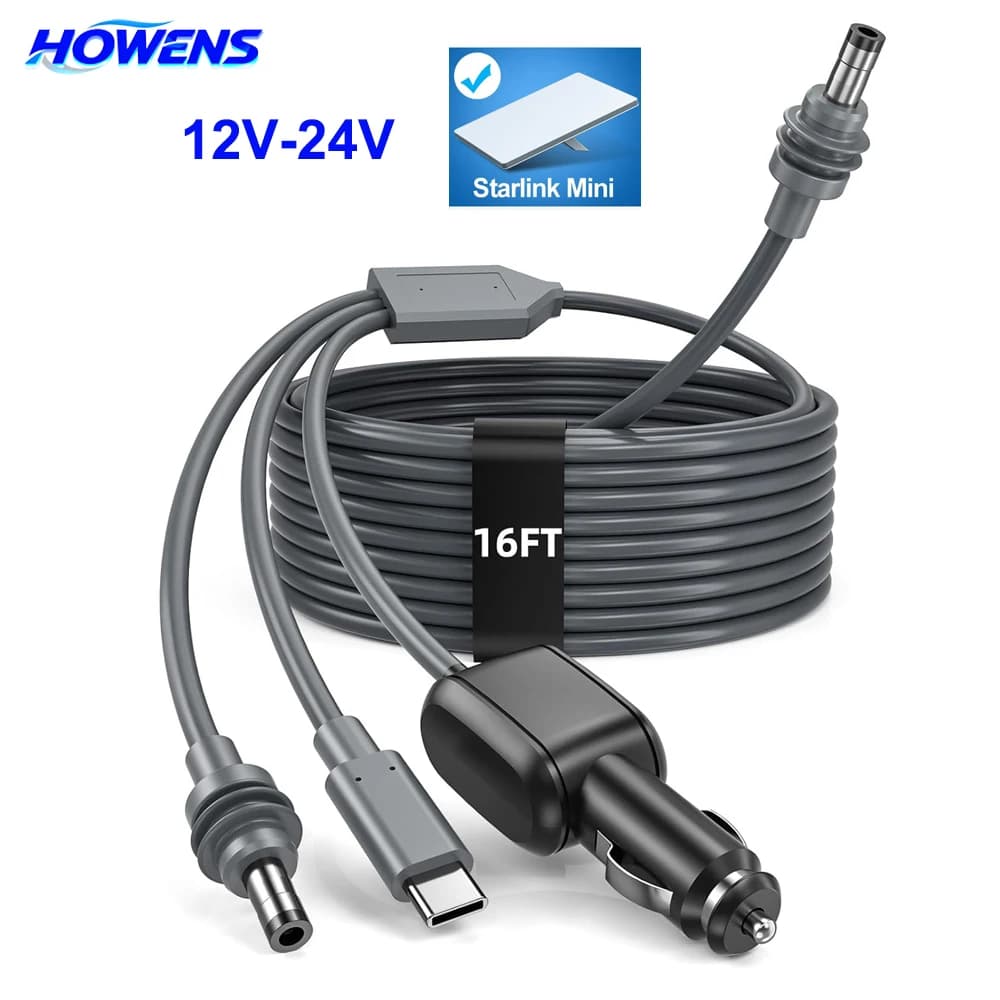 HOWENS 60W 3 in 1 Replacement Cable for Starlink Mini, USB C TYPE C/ Car Charger / DC-DC 12V-24V Step Up, 5M Car Power Cable