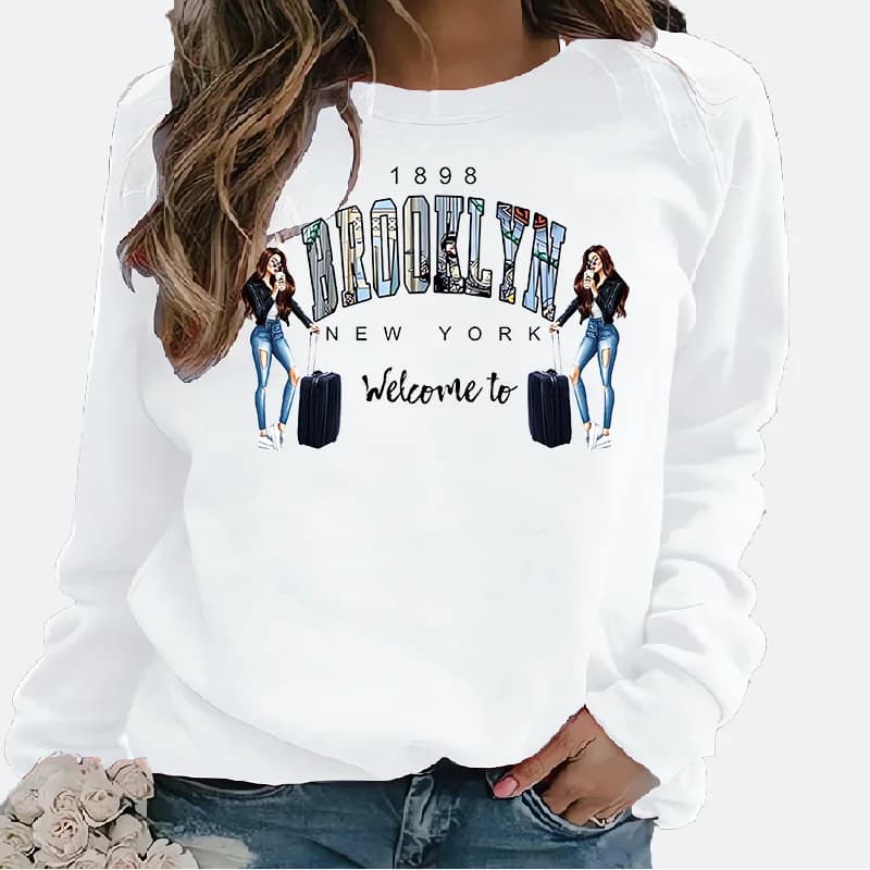 Felpa con cappuccio da donna stampata con lettera europea Brooklyn Felpa girocollo Streetwear Estetica Nuova moda di strada per donna bianca