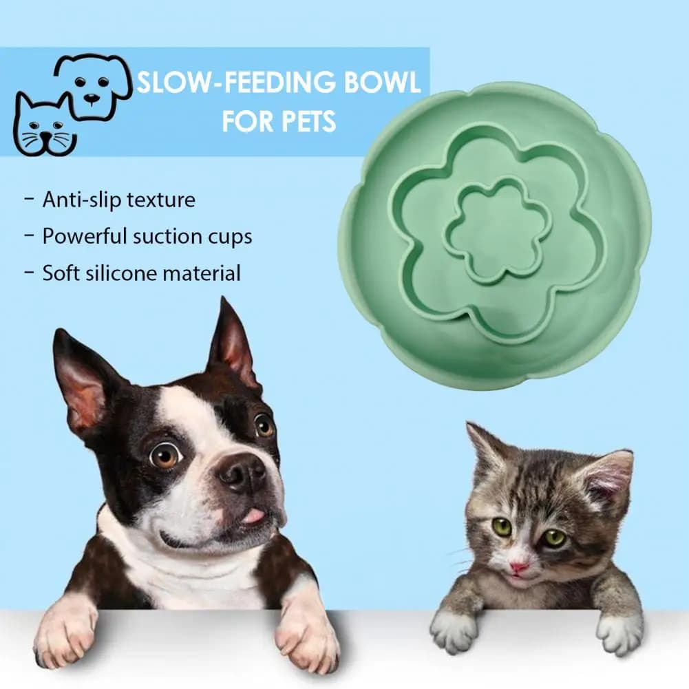 Non-slip Dog Bowl Slow Feeder Pet Food Bowl with Suction Cups Silicone Double-layer Flower Shape Dog Feeding Dish Lick for Dogs