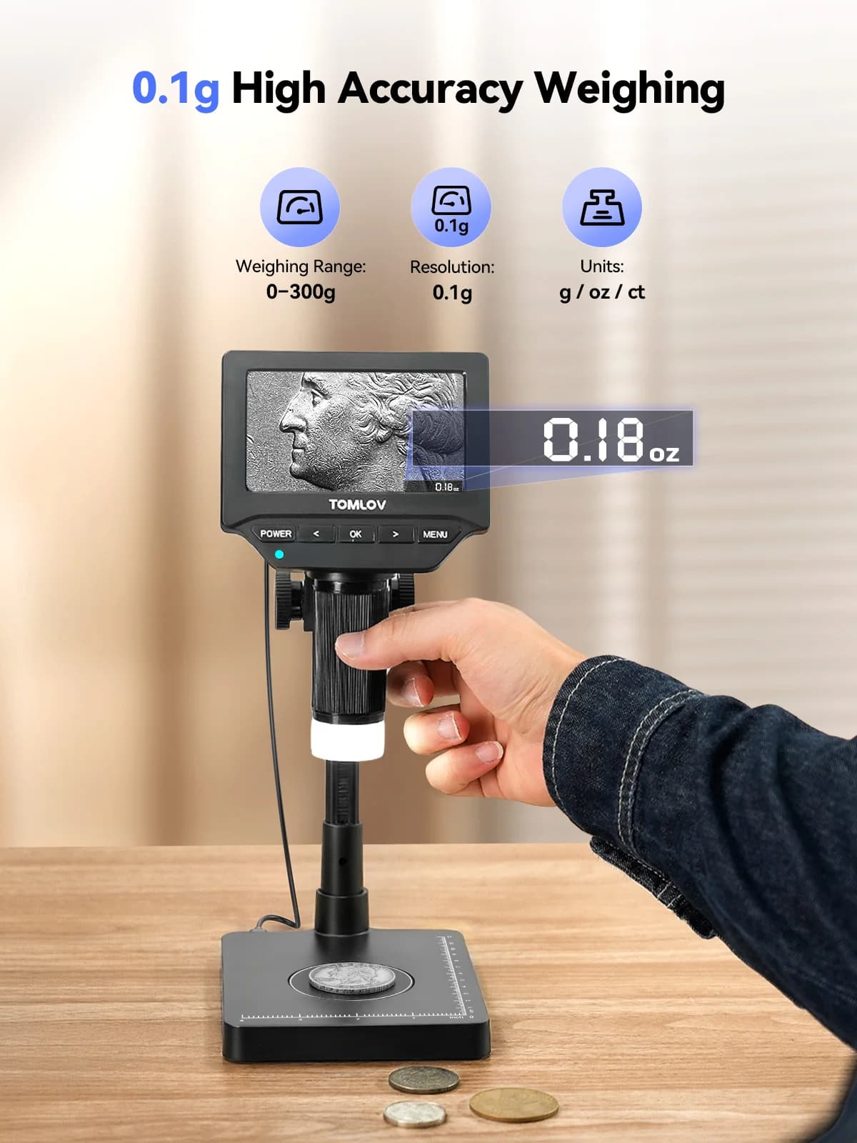 Microscopio Digitale con Bilancia TOMLOV, Schermo LCD da 4.3'', Microscopio USB per Monete, Lupa per Riparazione Elettronica, Saldatura, Visualizzazione PC, Regalo per Bambini
