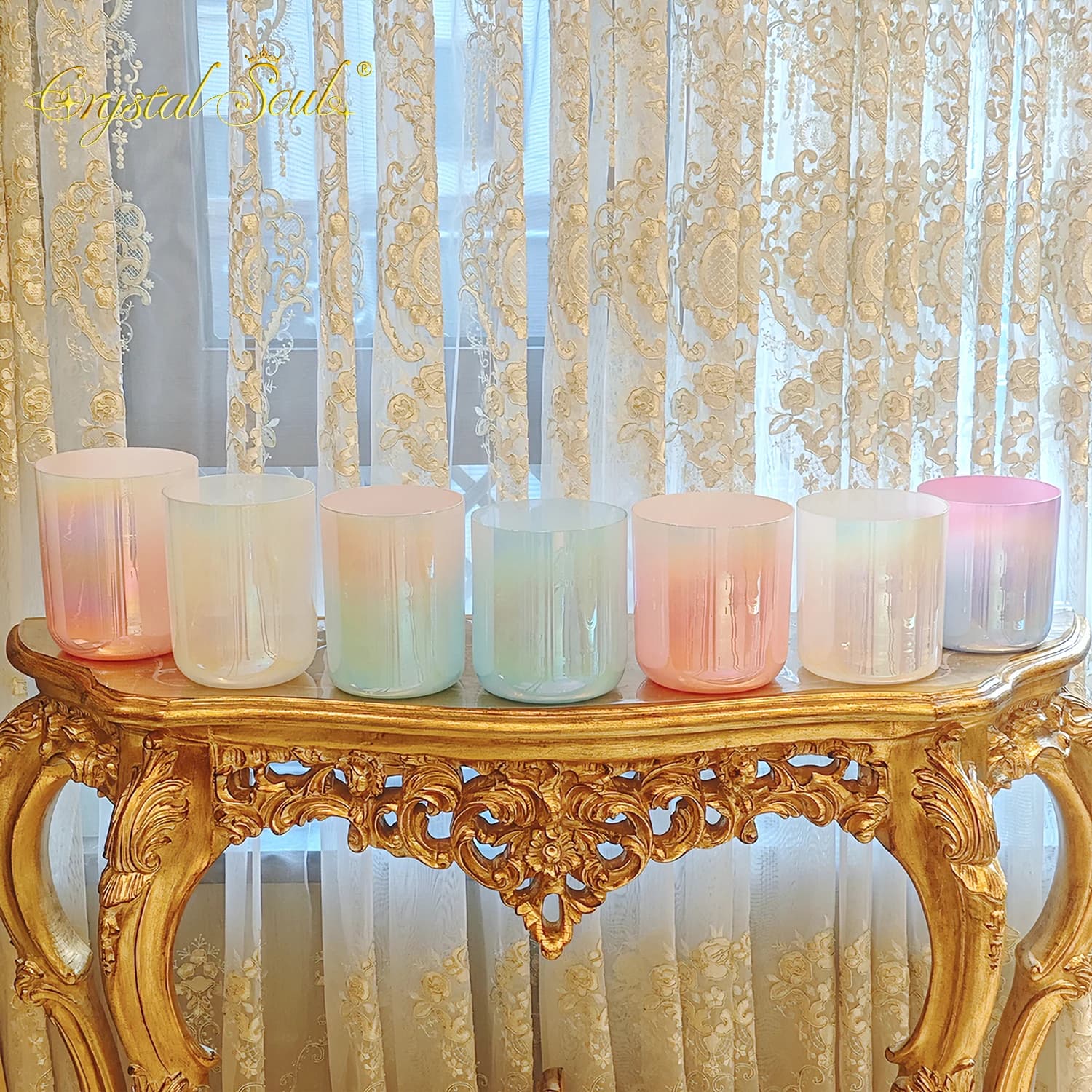 Crystal Soul 2026 New Design Candy Peach Color Seven Chakra Alchemy Crystal Bowl Harmonious Crystal Singing Bowl Sets