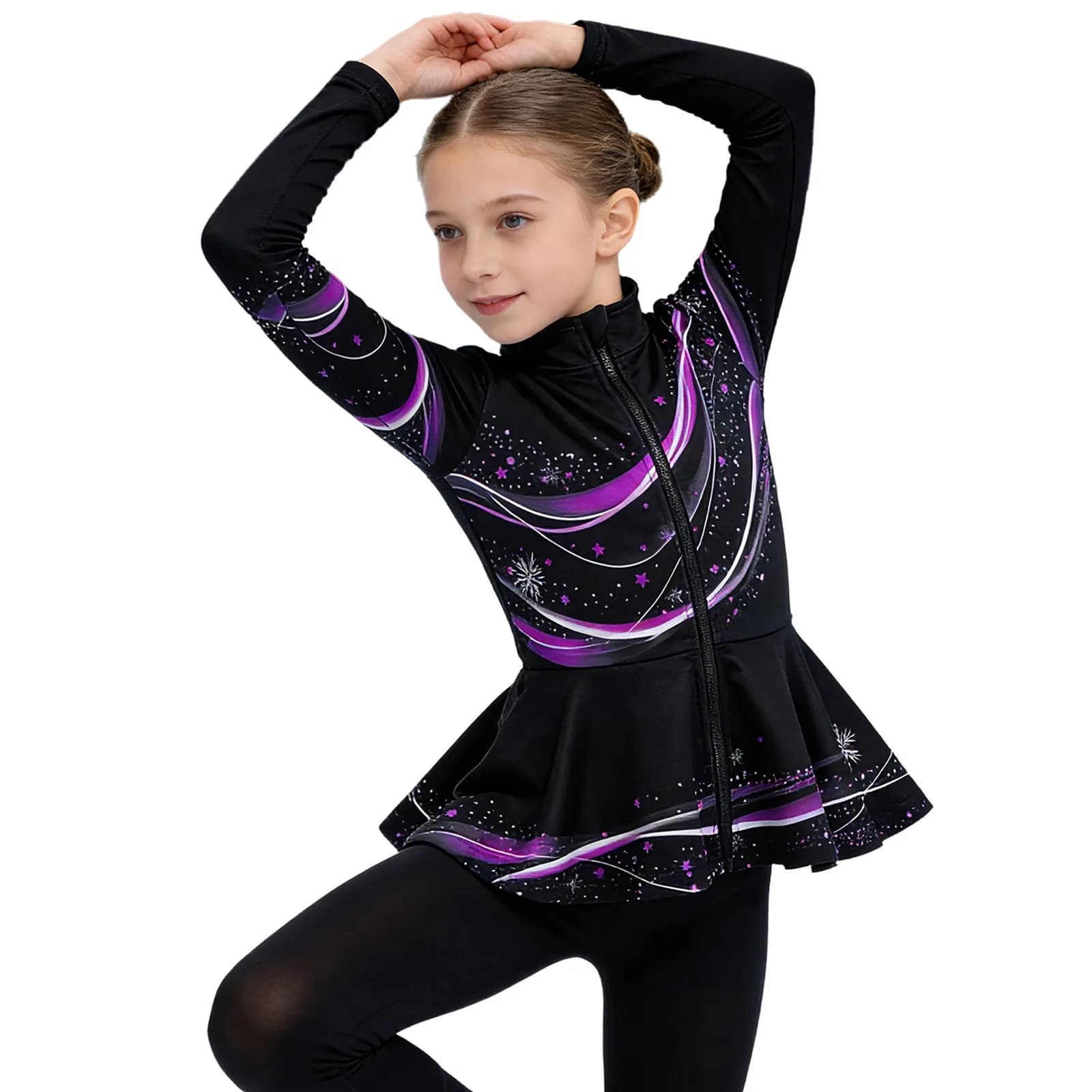 Felpa per pattinaggio su ghiaccio per bambina, foderata in pile sottile, manica lunga, cerniera, giacca peplo, sport, yoga, ginnastica, costume da ballo