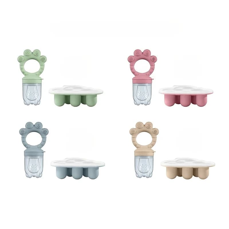 Set per l'allattamento del bambino da 2 pezzi: mangiatoia per frutta per bambini con stampo per congelatore con coperchio, alimentatore per vassoio per alimenti in silicone, set per l'allattamento per la dentizione del latte materno