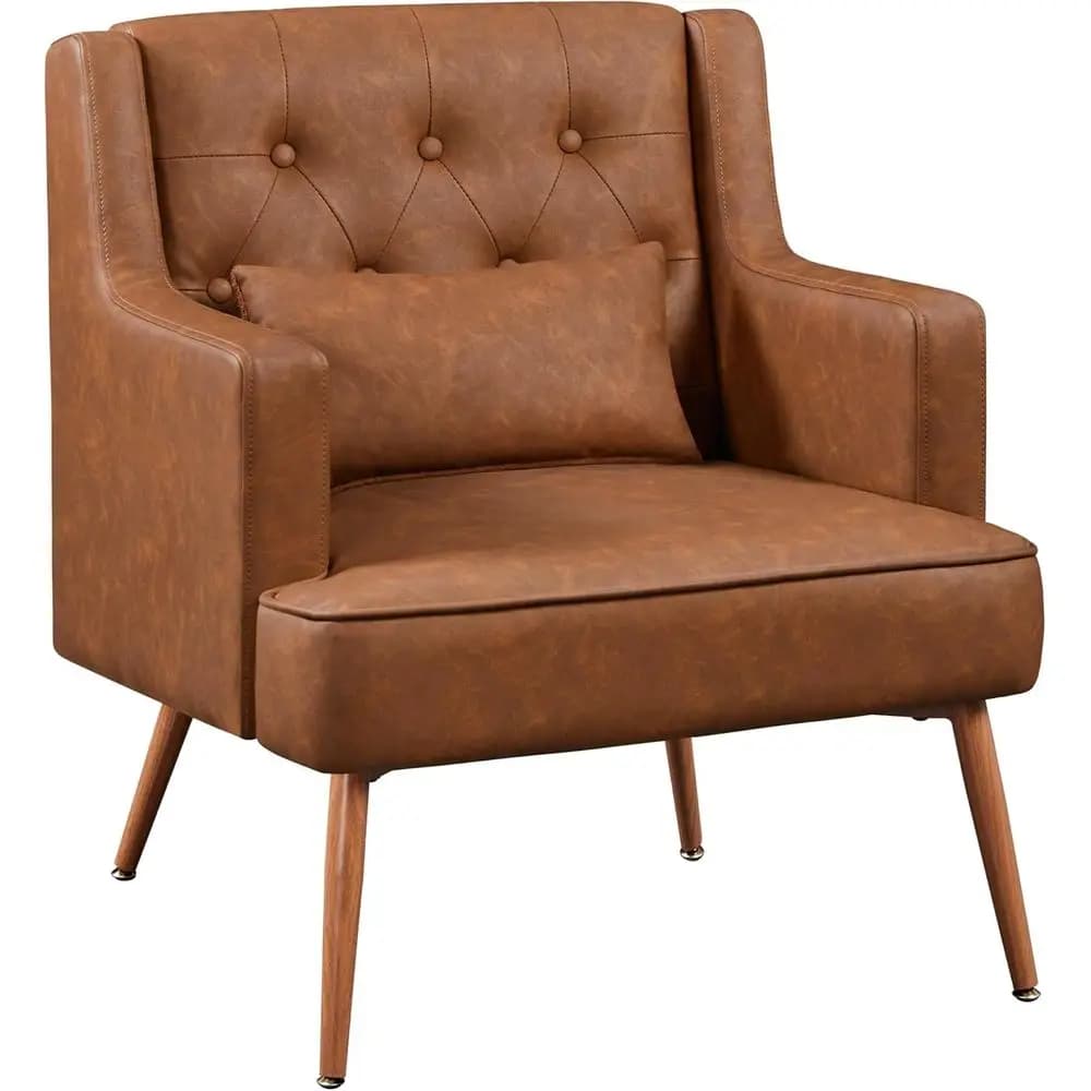 Poltrona in Pelle Marrone con Cuscino Lombare, Comoda Poltrona Imbottita per Lettura, Ideale per Soggiorno o Camera da Letto